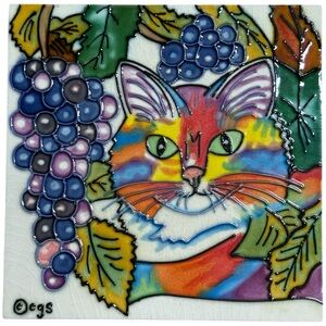 Claudia Sanchez Art Tile Colorful Cat & Grapes Folk Art Wall Decor
